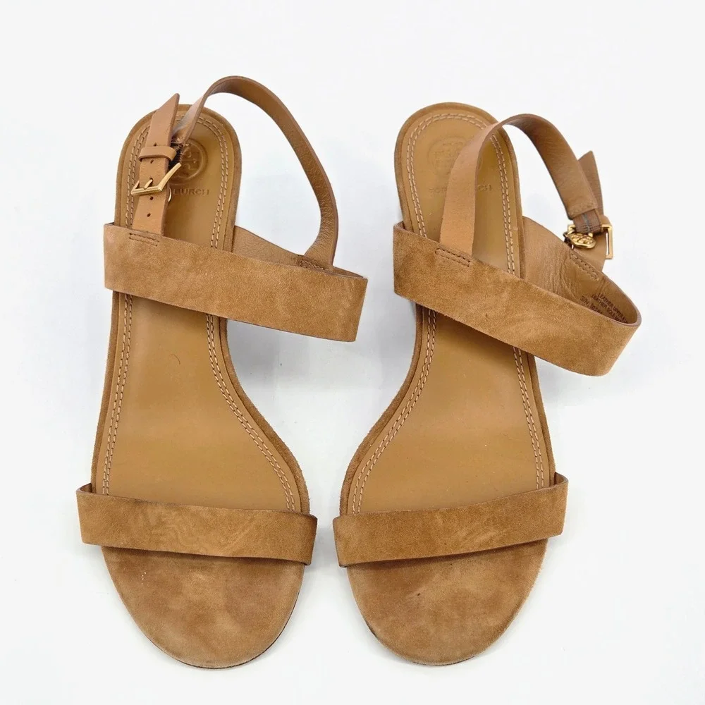 Tory Burch Mini Benton 65mm Wedge Sandal Kid Suede Amaretto Brown Women Size 10M